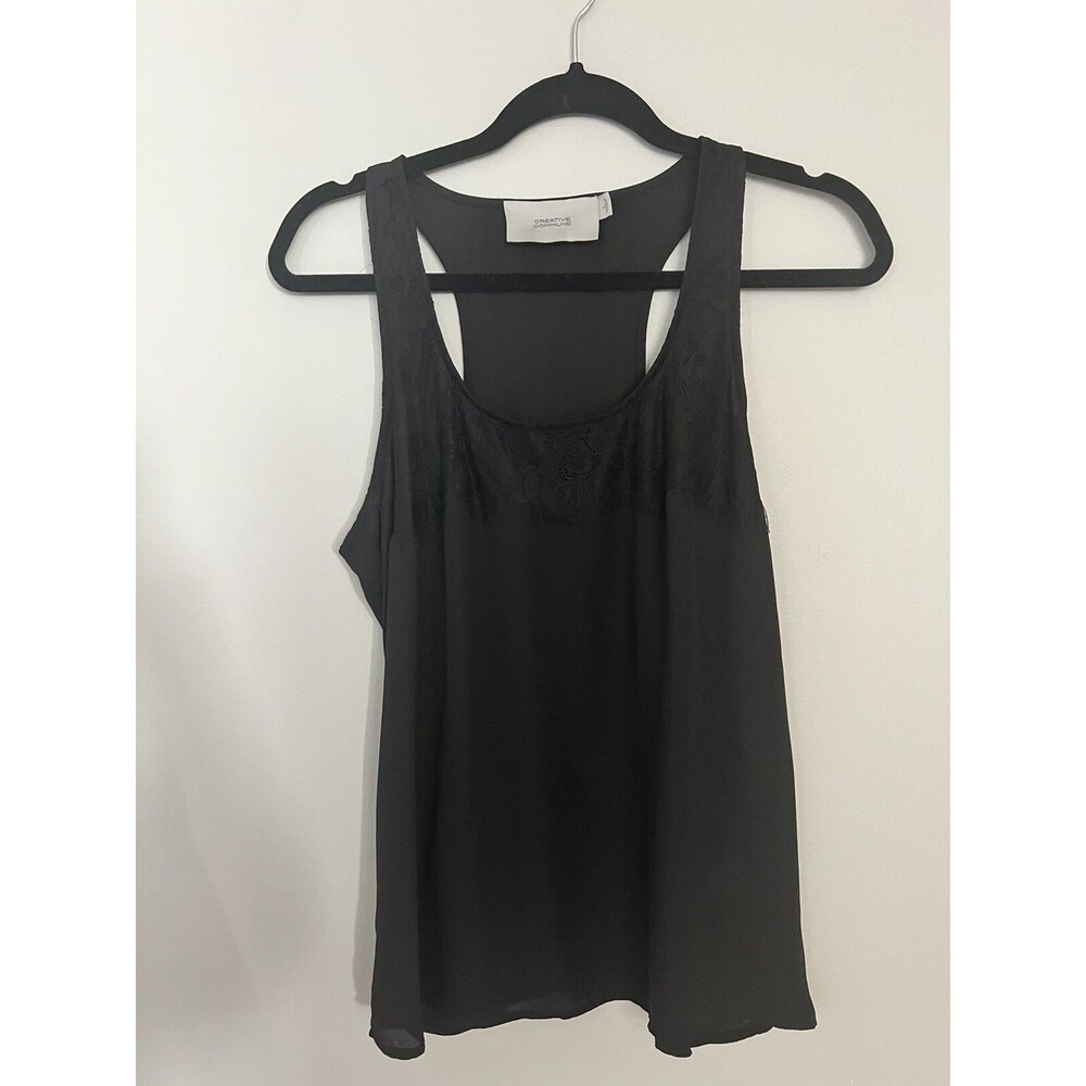 Creative Commune Black Tank with Lace Overlay at Neck - Large